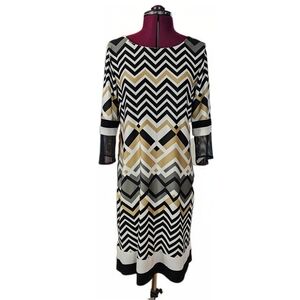 Karin Stevens Black White Tan Chevron Zig Zsg Sheath Dress Long Sleeve